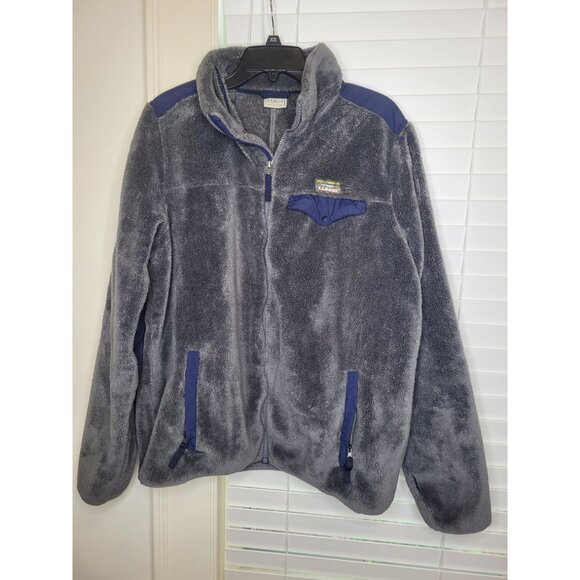 LL Bean Mens Gray & Navy Sherpa Fleece Jacket L Tall Comfort Cabincore Heritage - Picture 1 of 7